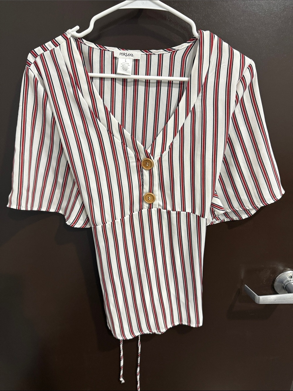Persaya White V-Neck Stripe Button-Front Blouse with Red and Black Stripes